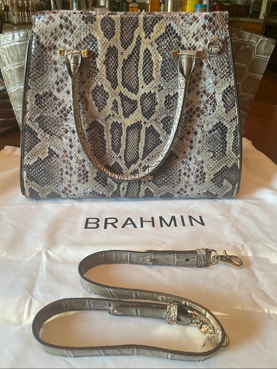 Brahmin Handbags - Brahmin Taupe and Brown Snake-Embossed Leather Satchel with Removable Strap